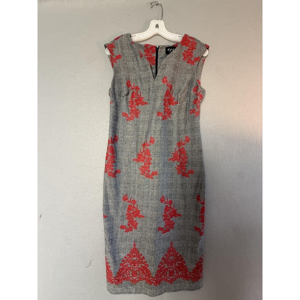ECI New York Dress Womens 8 Gray Plaid Floral Jacquard Sheath Midi Cap‎ Sleeve